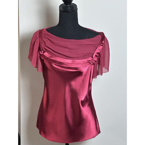 Max Studio Top Blouse Women's S Wine Burgundy Short Sleeve Draped Scoop Neckline - Picture 2 of 16